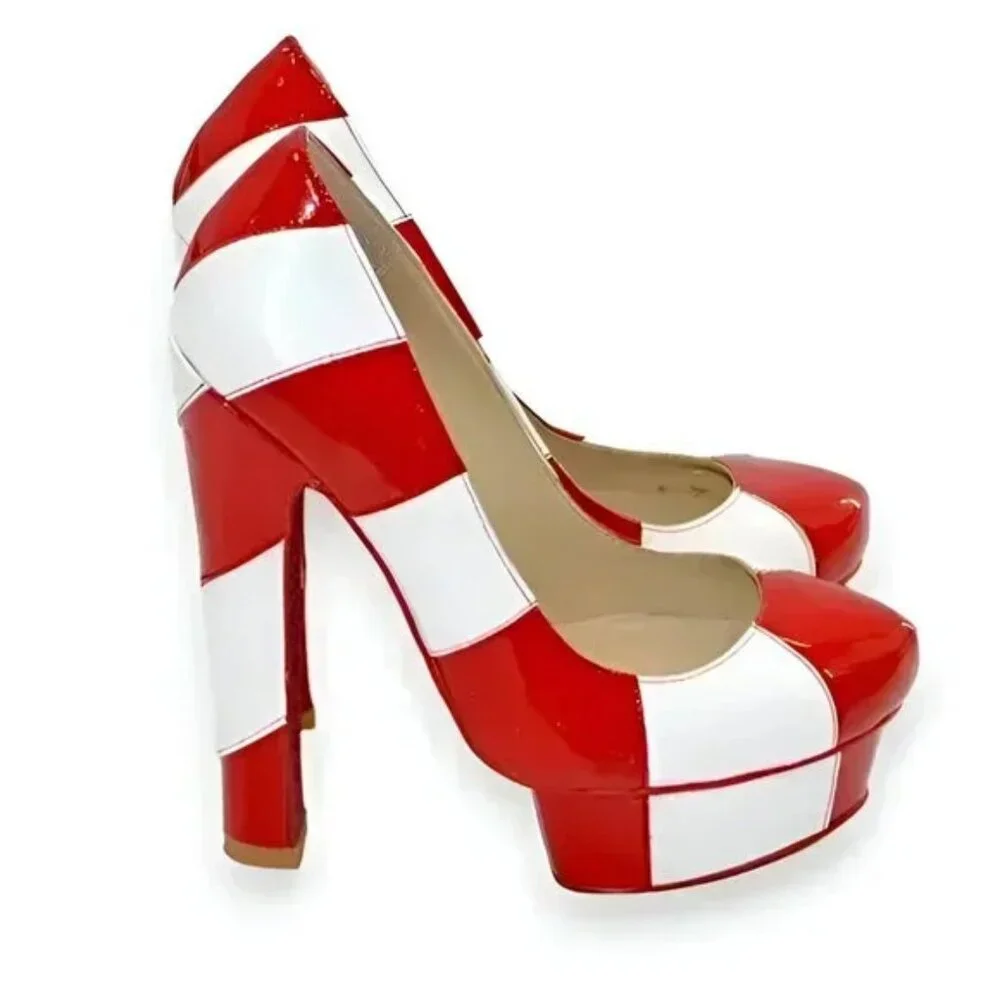 Kandee White Red Striped Leather Streetwear Ultra High Platform Heels 39 7.5-8